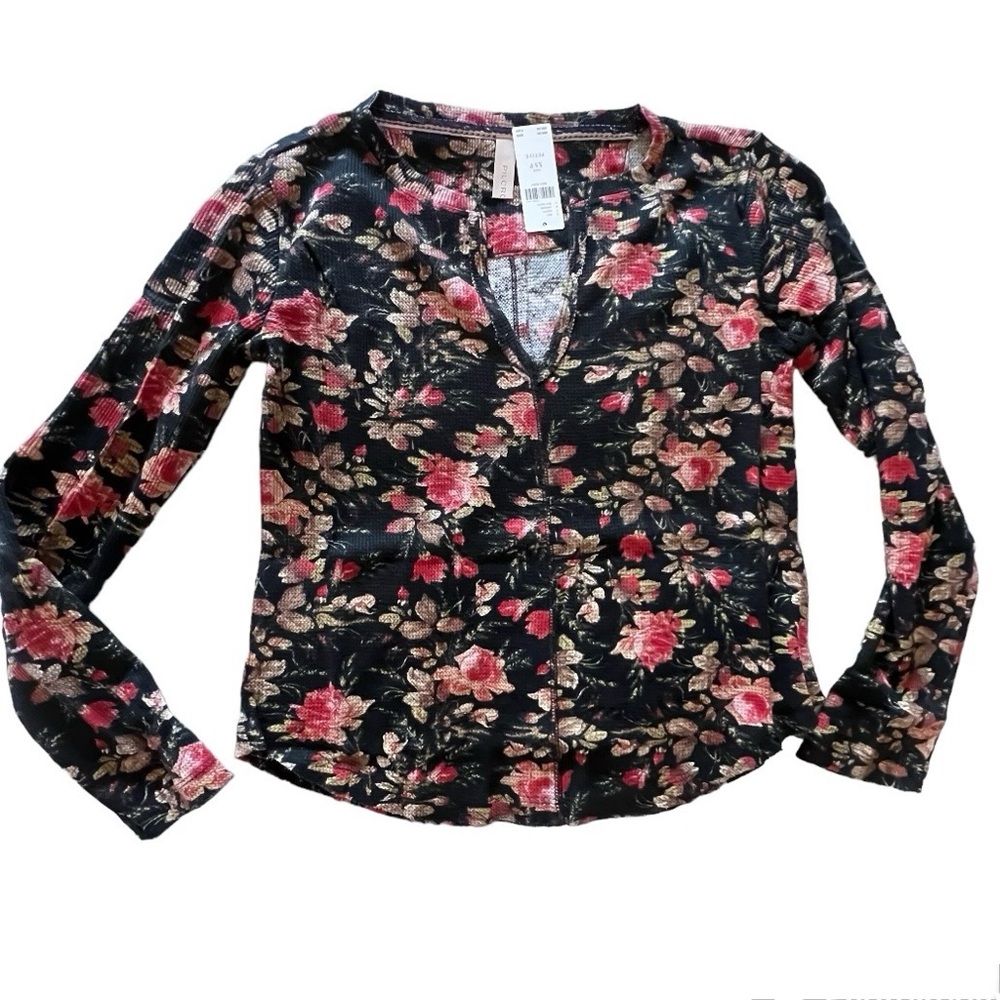 NWT Anthropologie XS P Split neck slim long sleeve tee black floral lightweight